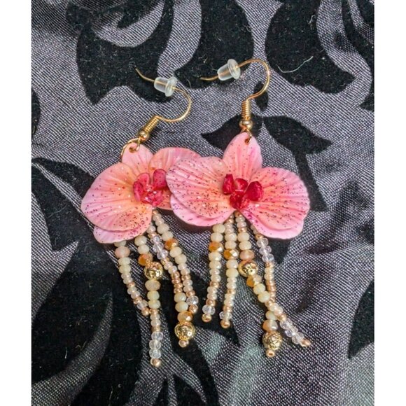 Handcrafted 18k Gold Plated Asian Inspire Ornamental Beaded Pink Orchid Earrings - Picture 1 of 7